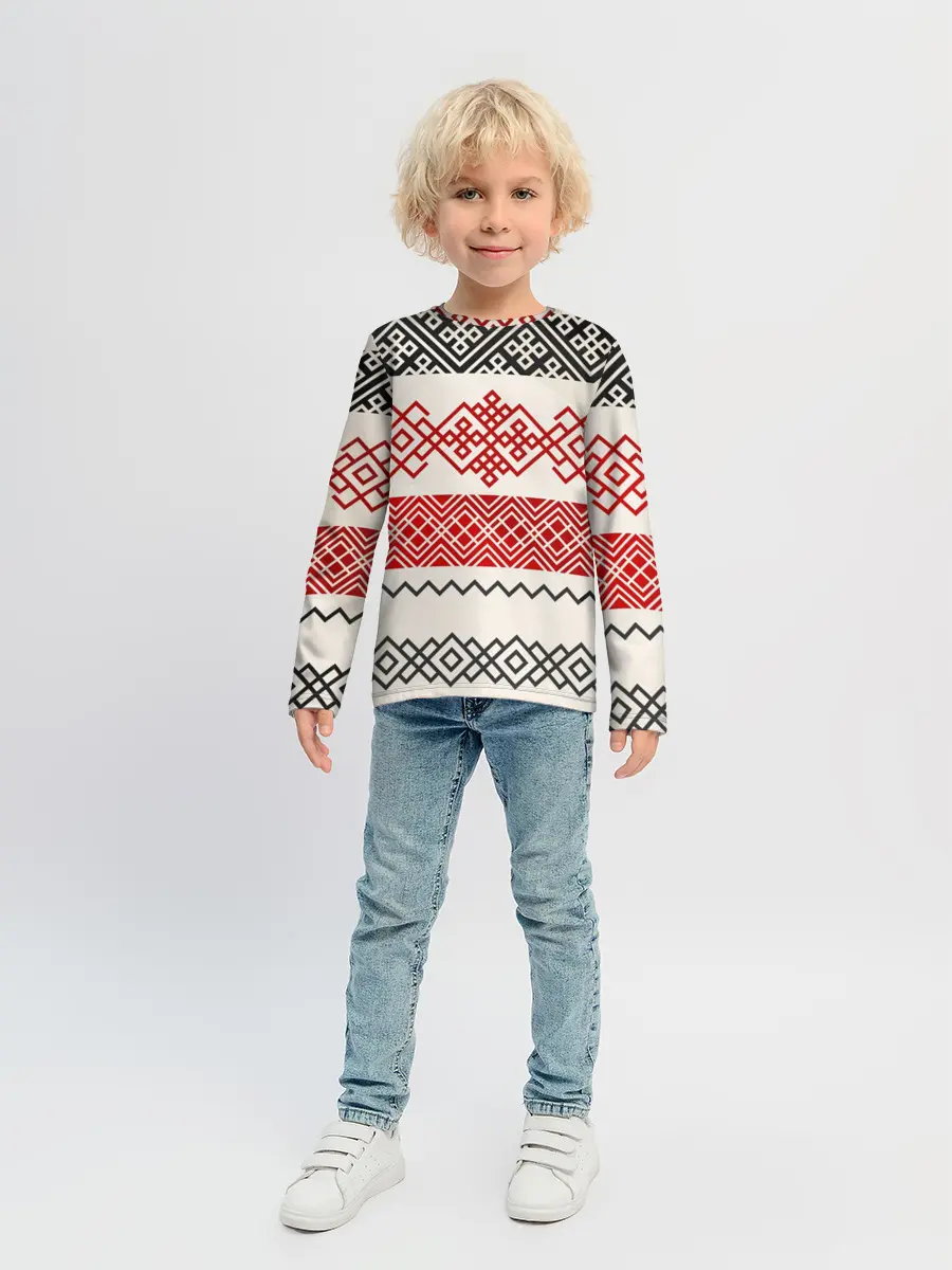 Детский лонгслив / Славянский узор красно-черный