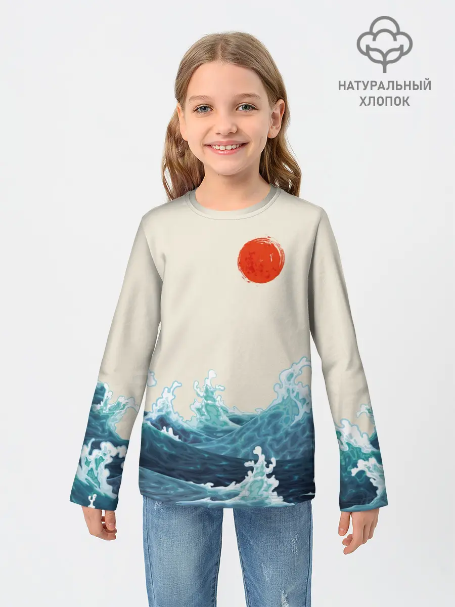 Детский лонгслив / Японский Стиль Волны и Солнце