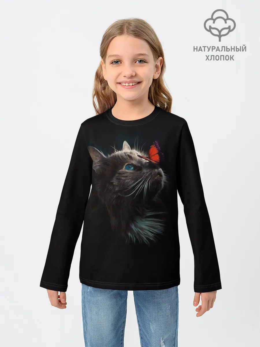 Детский лонгслив / Котик и бабочка