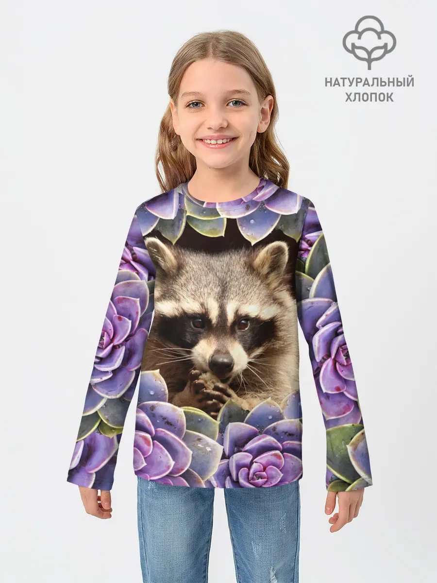Детский лонгслив / Енот среди цветов