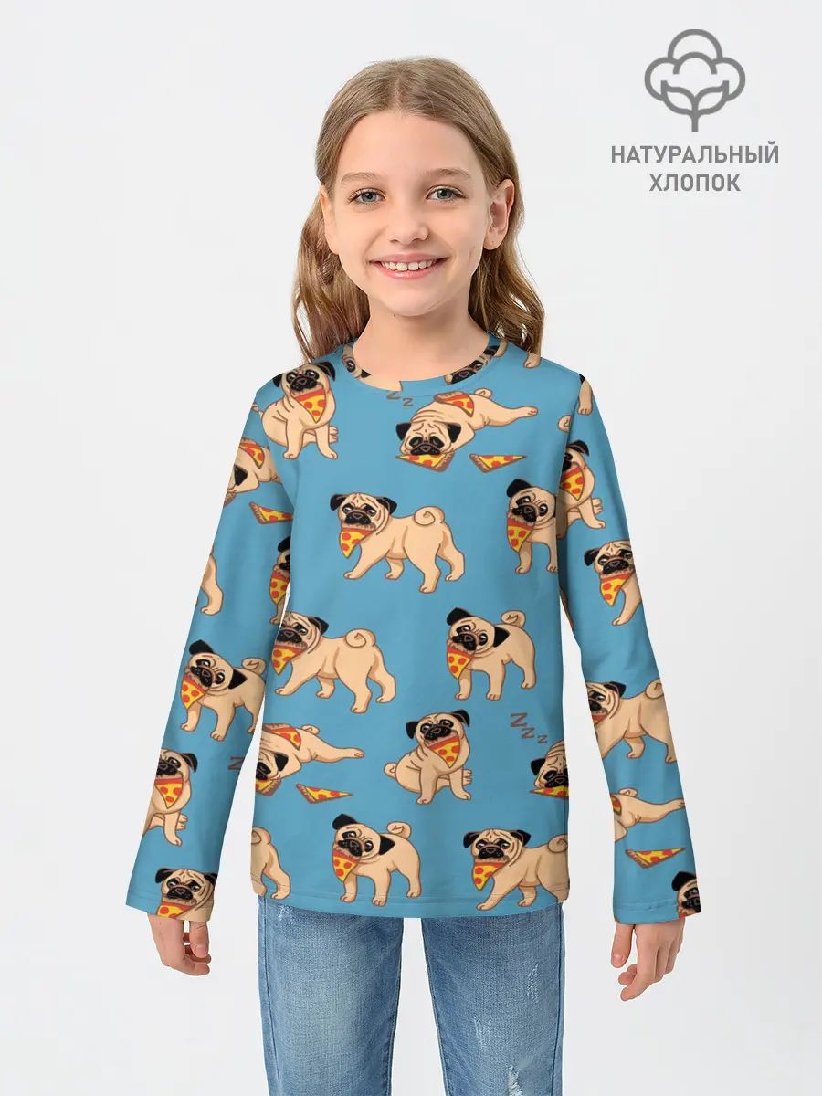 Детский лонгслив / Мопсы с пиццей