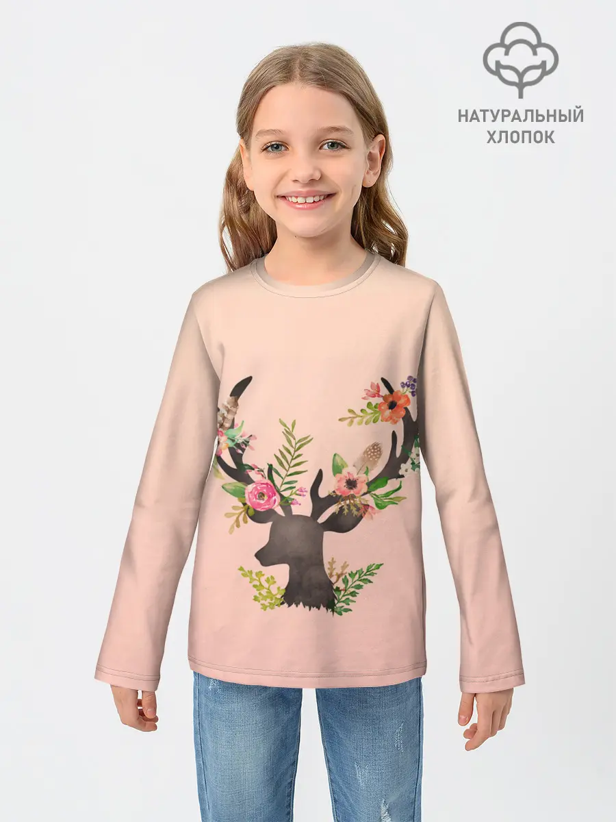 Детский лонгслив / олень рога цветы