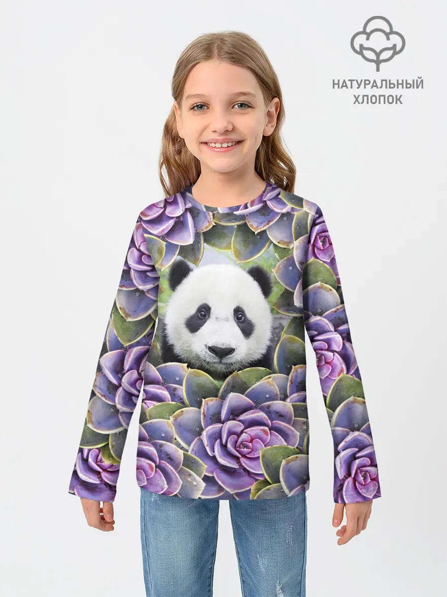 Детский лонгслив / Панда среди цветов