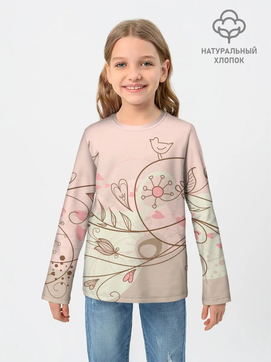 Детский лонгслив / Летний узор цветы птичка