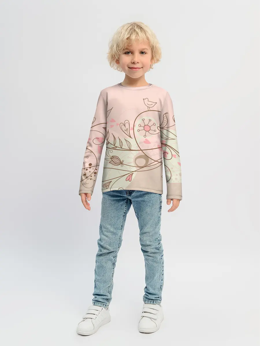 Детский лонгслив / Летний узор цветы птичка
