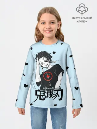 Детский лонгслив / Танджиро Камадо черные сердечки