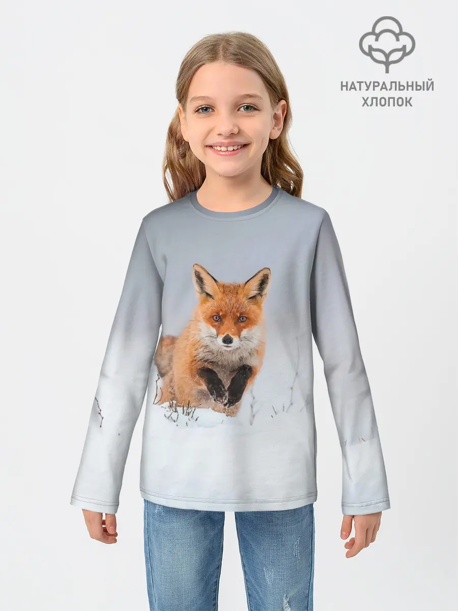 Детский лонгслив / Лисица прыгает по снегу