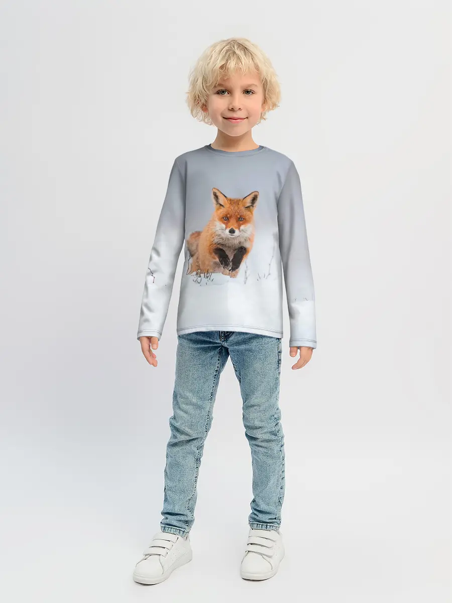 Детский лонгслив / Лисица прыгает по снегу