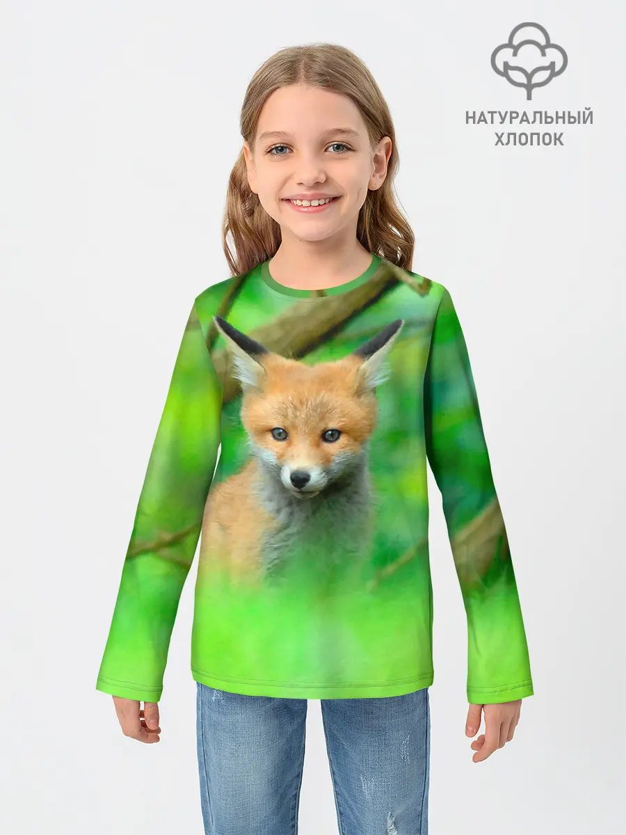 Детский лонгслив / Лисенок в зеленом лесу