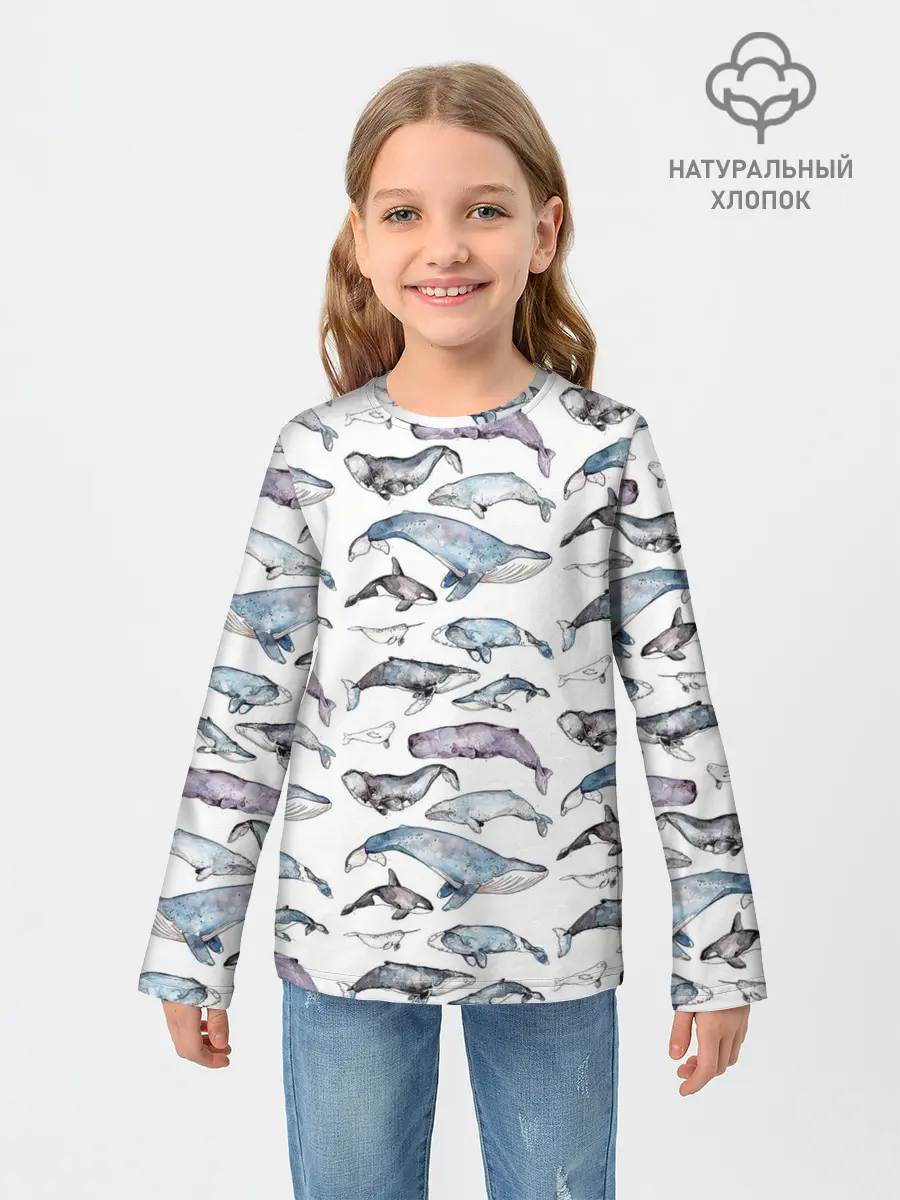 Детский лонгслив / киты паттерн