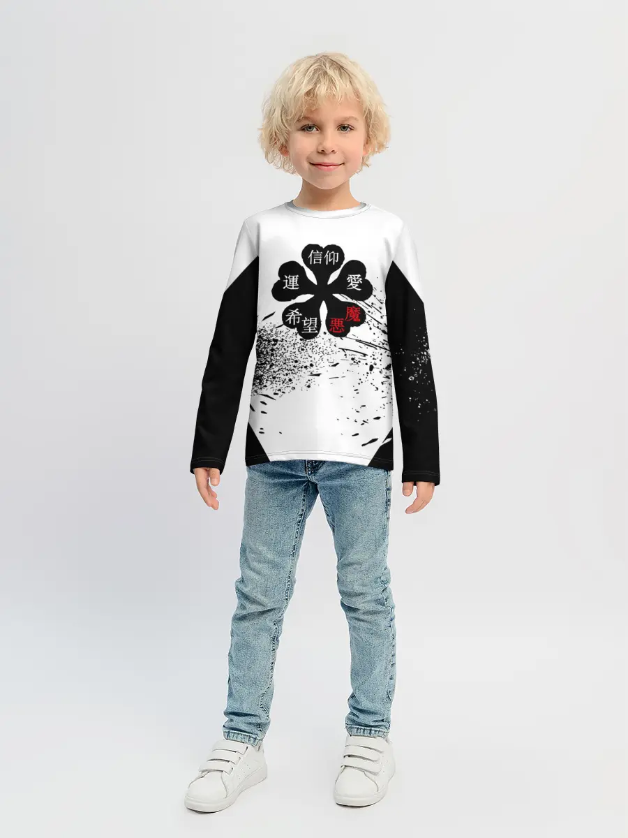 Детский лонгслив / Чёрный клевер с иероглифами