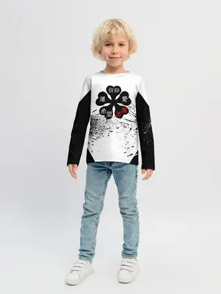 Детский лонгслив / Чёрный клевер с иероглифами