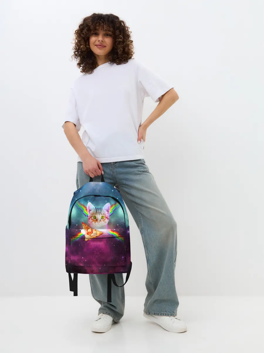 Рюкзак джинсовый / Кот с радугой и пиццей