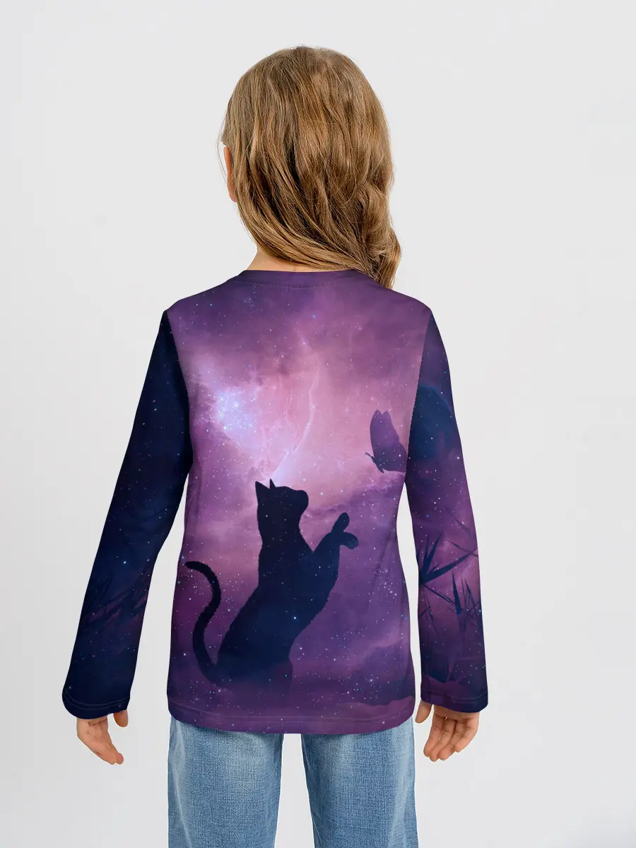 Детский лонгслив / Бабочка кот силуэт фиолетовый