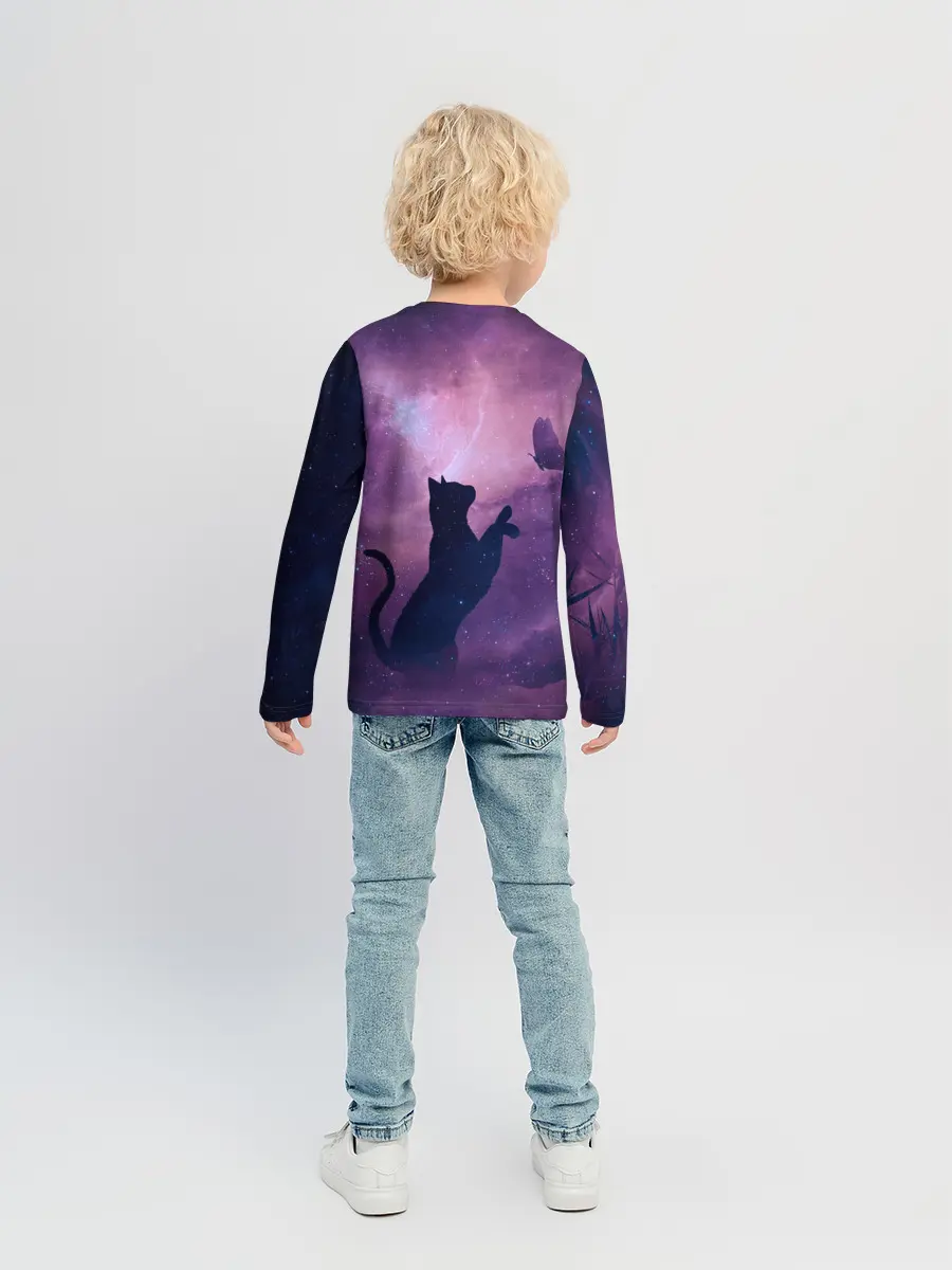 Детский лонгслив / Бабочка кот силуэт фиолетовый