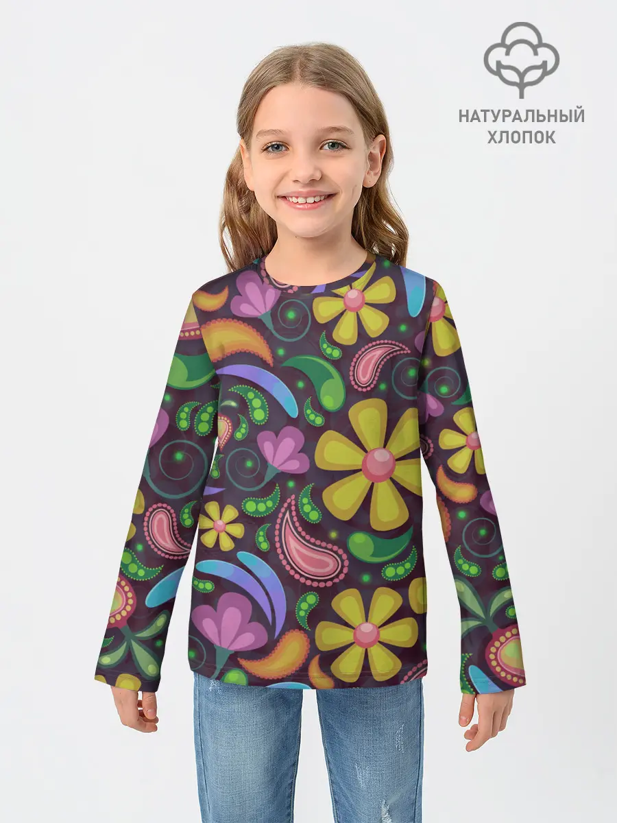 Детский лонгслив / летние цветы узор на темном