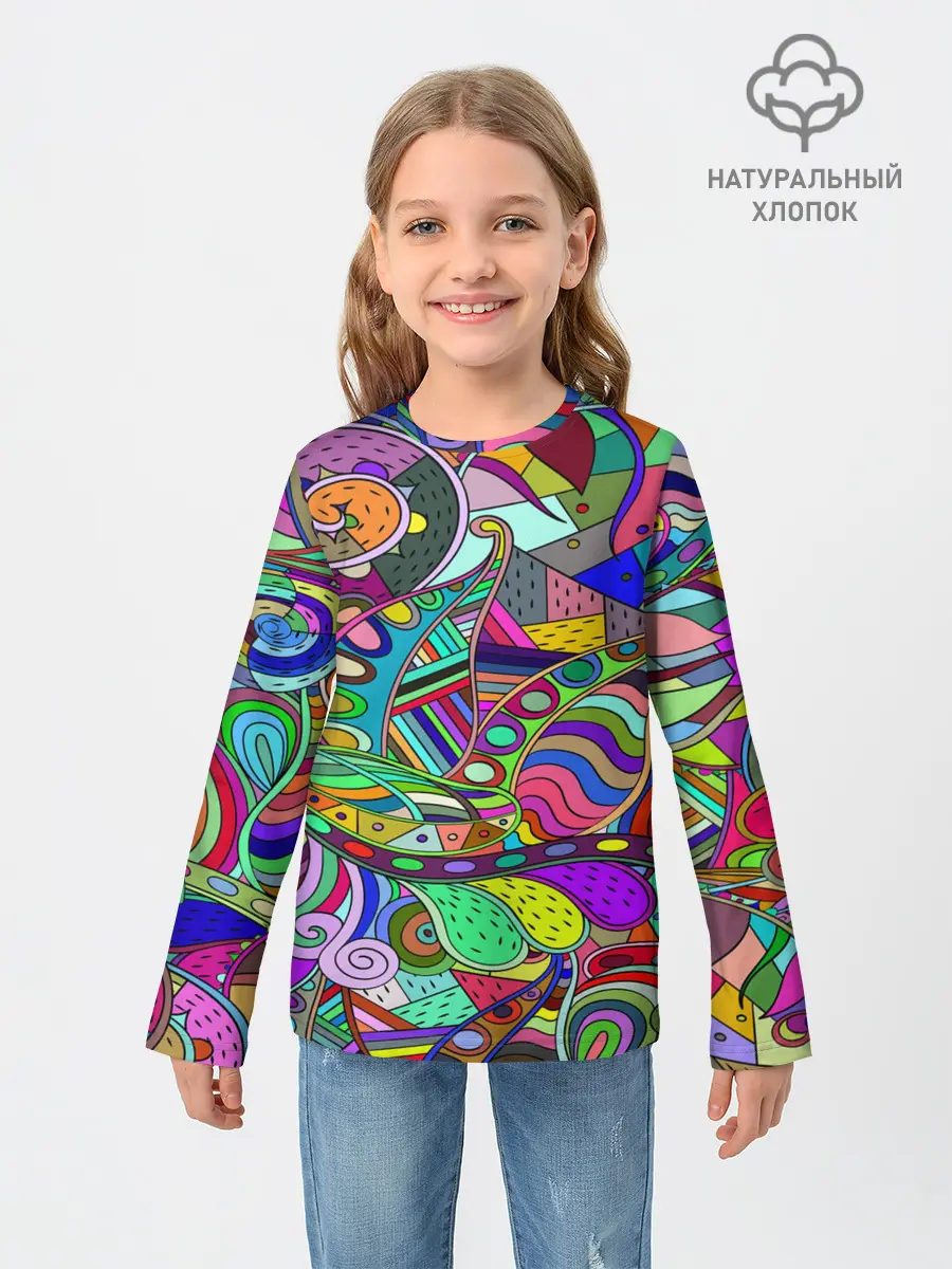Детский лонгслив / Дудлы узор разноцветный хиппи