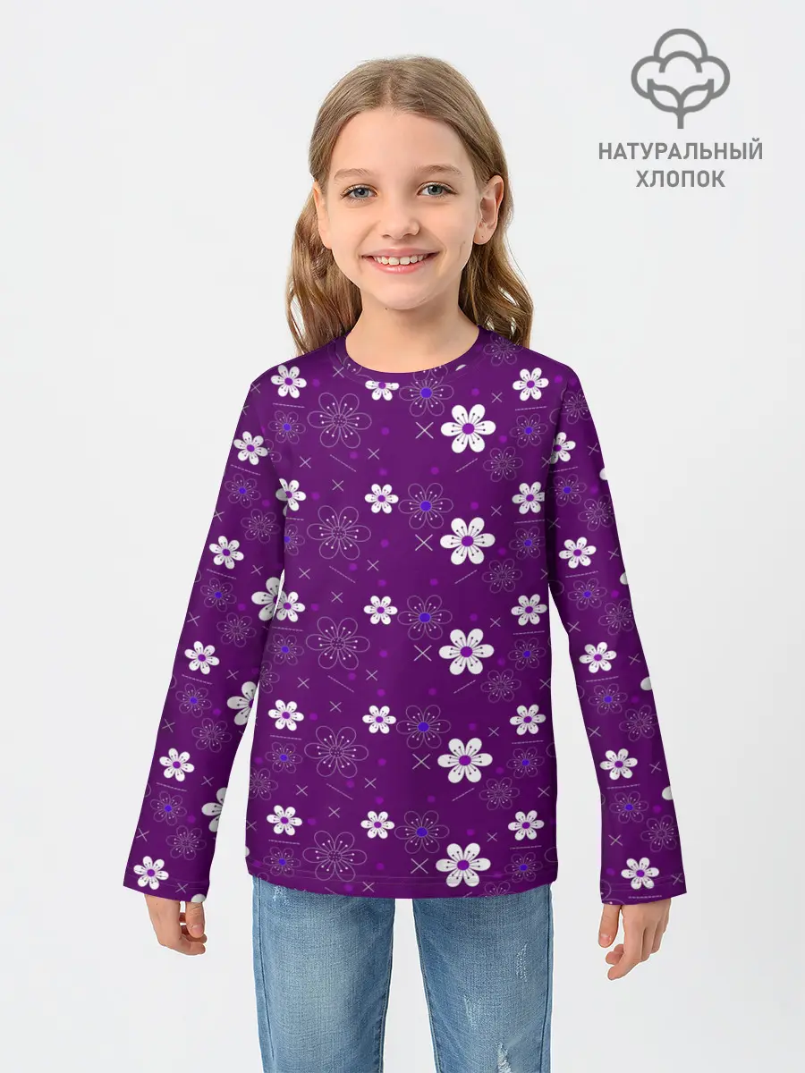 Детский лонгслив / узор цветы на фиолетовом фоне