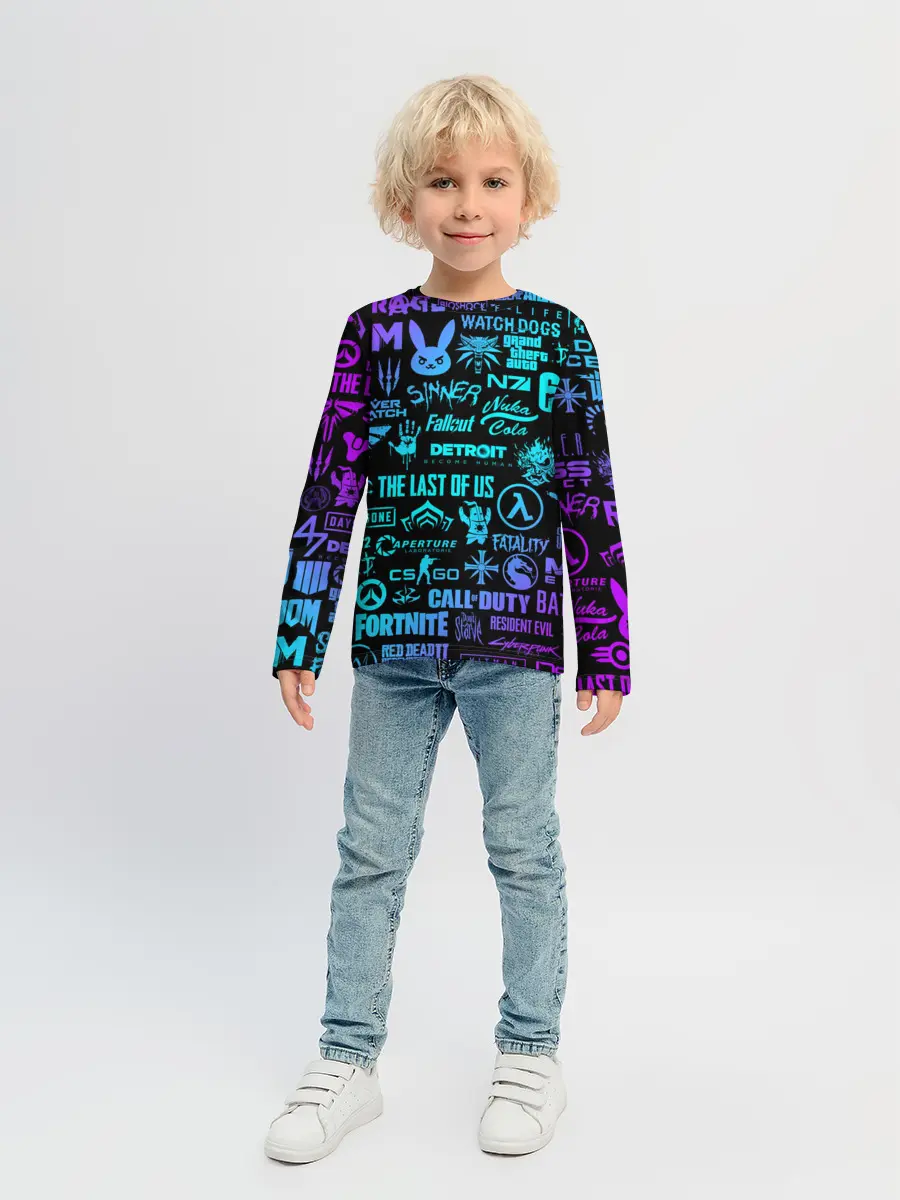 Детский лонгслив / ЛОГОТИПЫ ИГР НЕОН / NEON GAMES LOGO