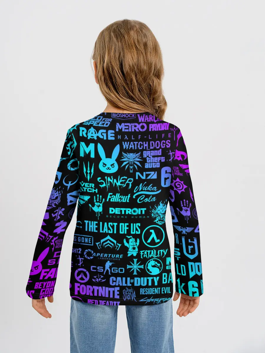 Детский лонгслив / ЛОГОТИПЫ ИГР НЕОН / NEON GAMES LOGO