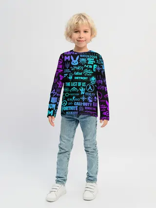 Детский лонгслив / ЛОГОТИПЫ ИГР НЕОН / NEON GAMES LOGO