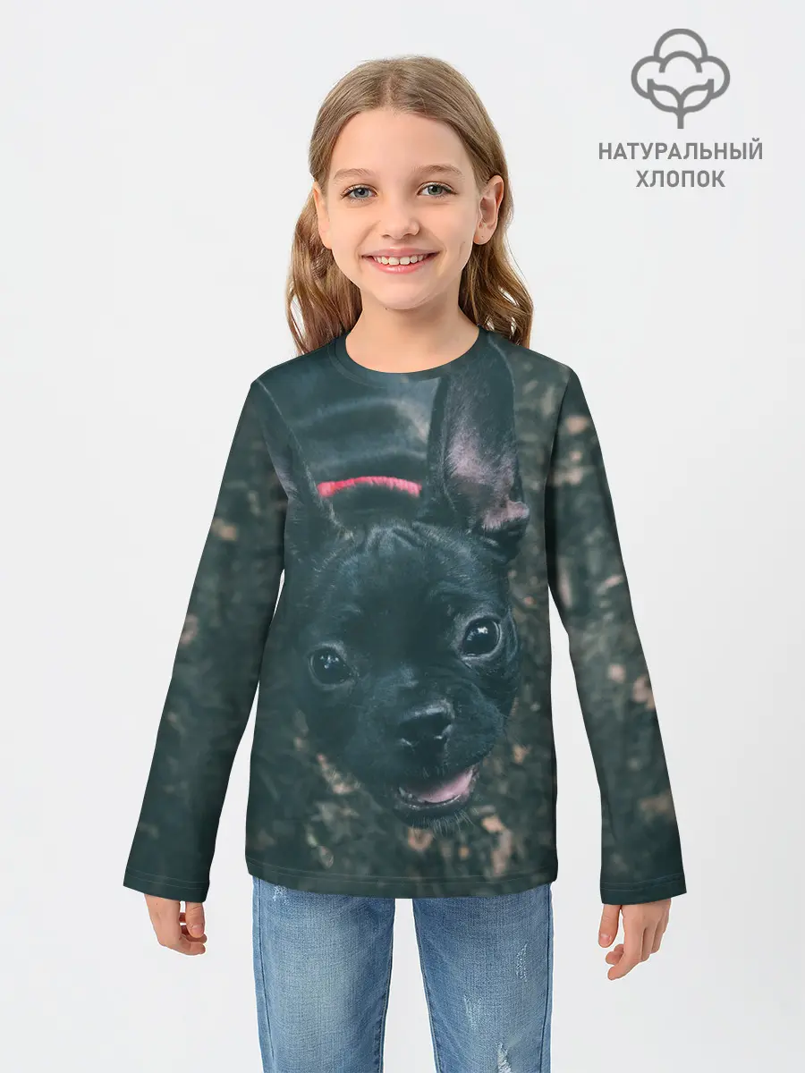 Детский лонгслив / Бульдог морда собакена черного