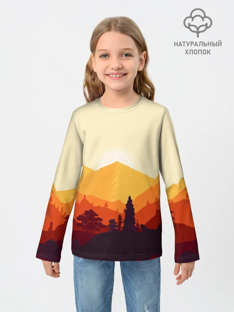 Детский лонгслив / Горы закат пейзаж лиса арт