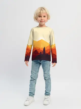 Детский лонгслив / Горы закат пейзаж лиса арт