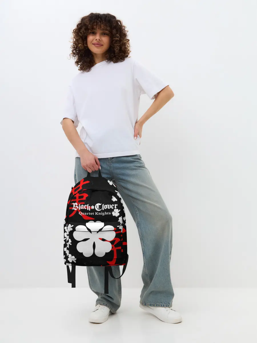 Рюкзак джинсовый / Логотип черный клевер и маленькие листья