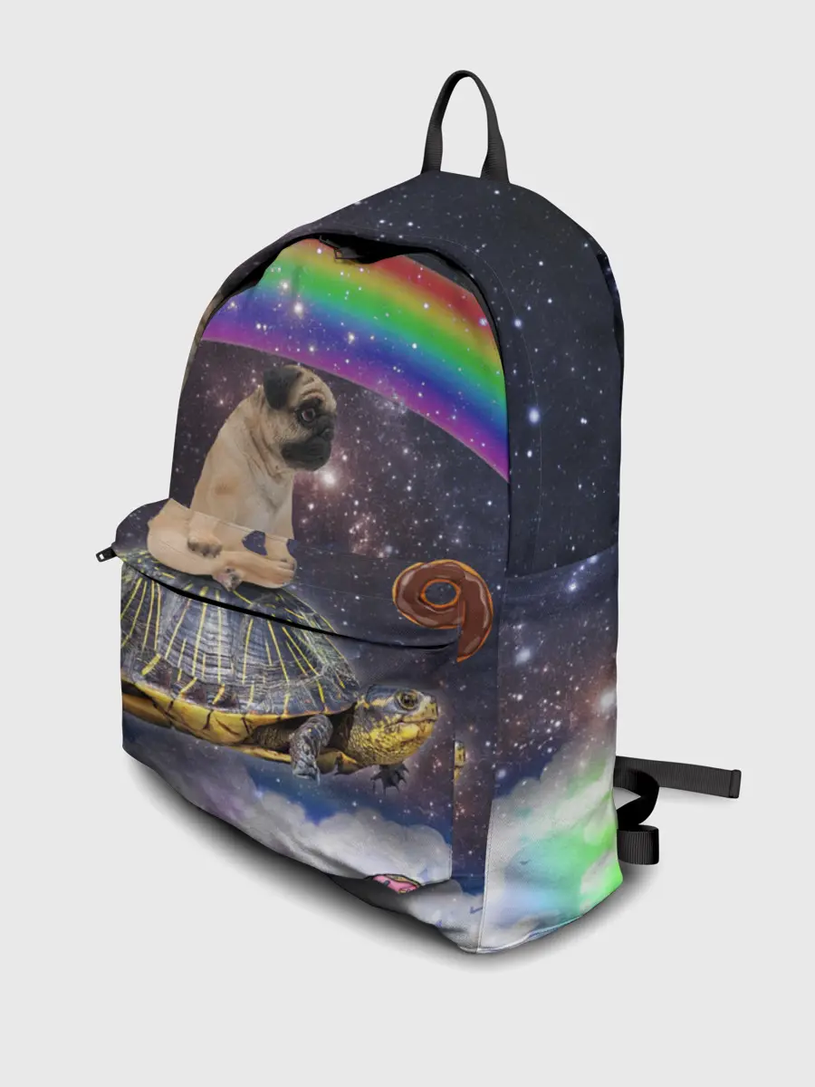 Рюкзак джинсовый / Мопс на черепахе в космосе