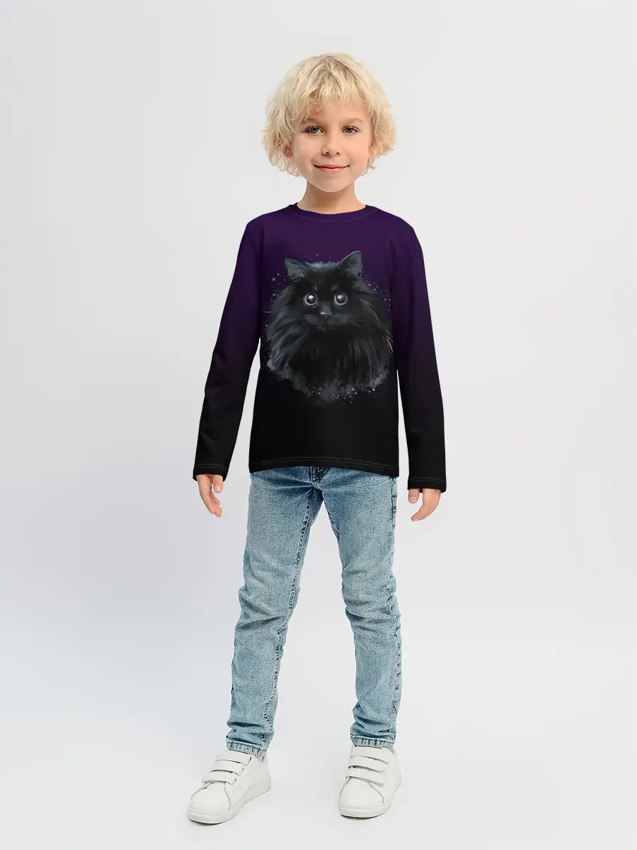 Детский лонгслив / черный кот на фиолетовом фоне