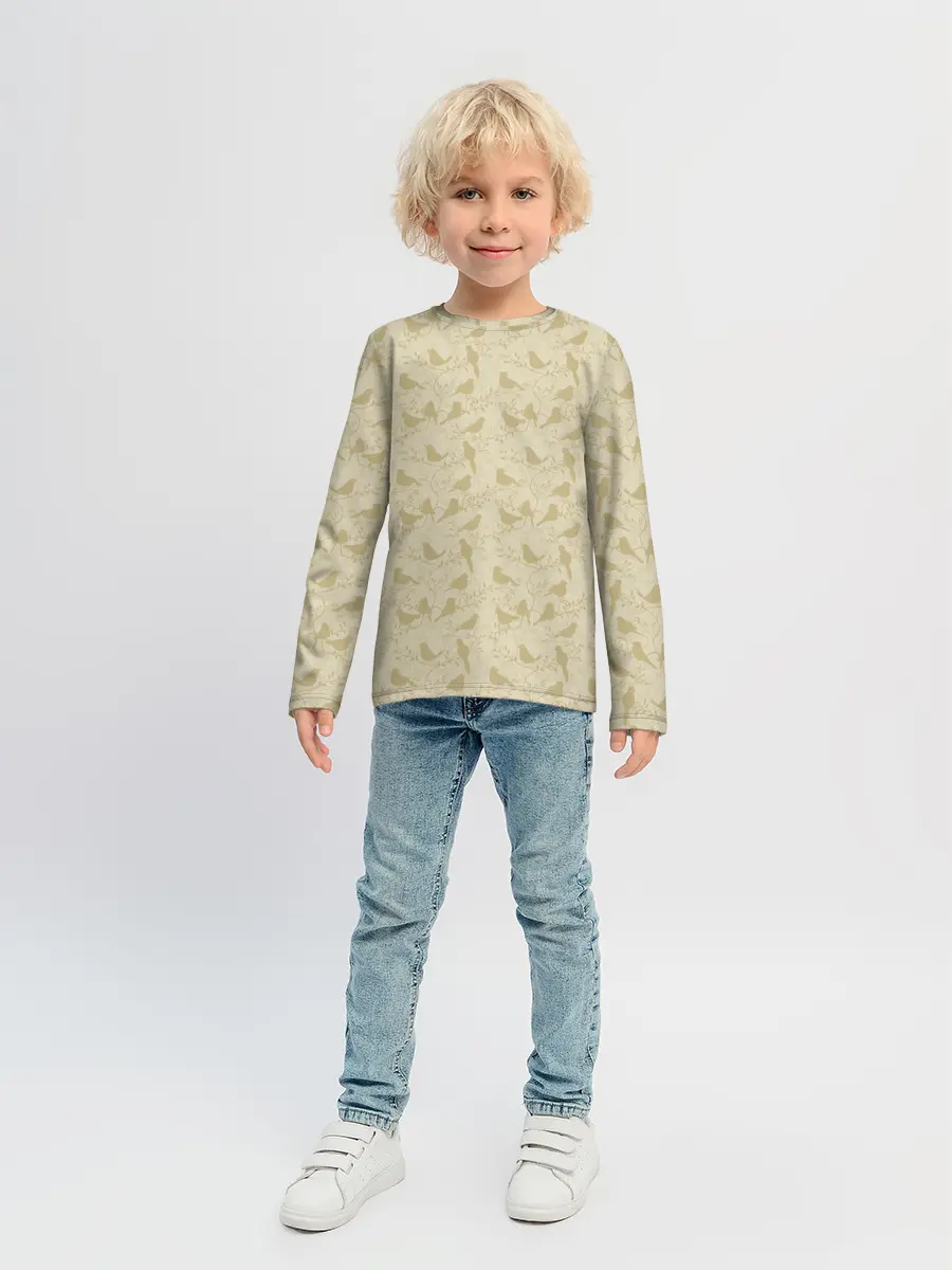 Детский лонгслив / Бежевый принт силуэты птичек