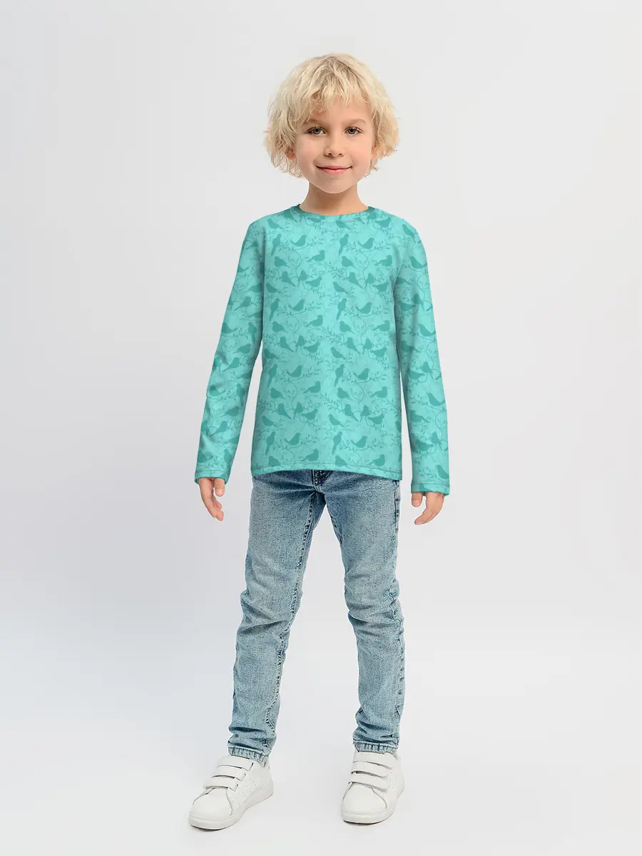 Детский лонгслив / Зеленые птицы летний узор