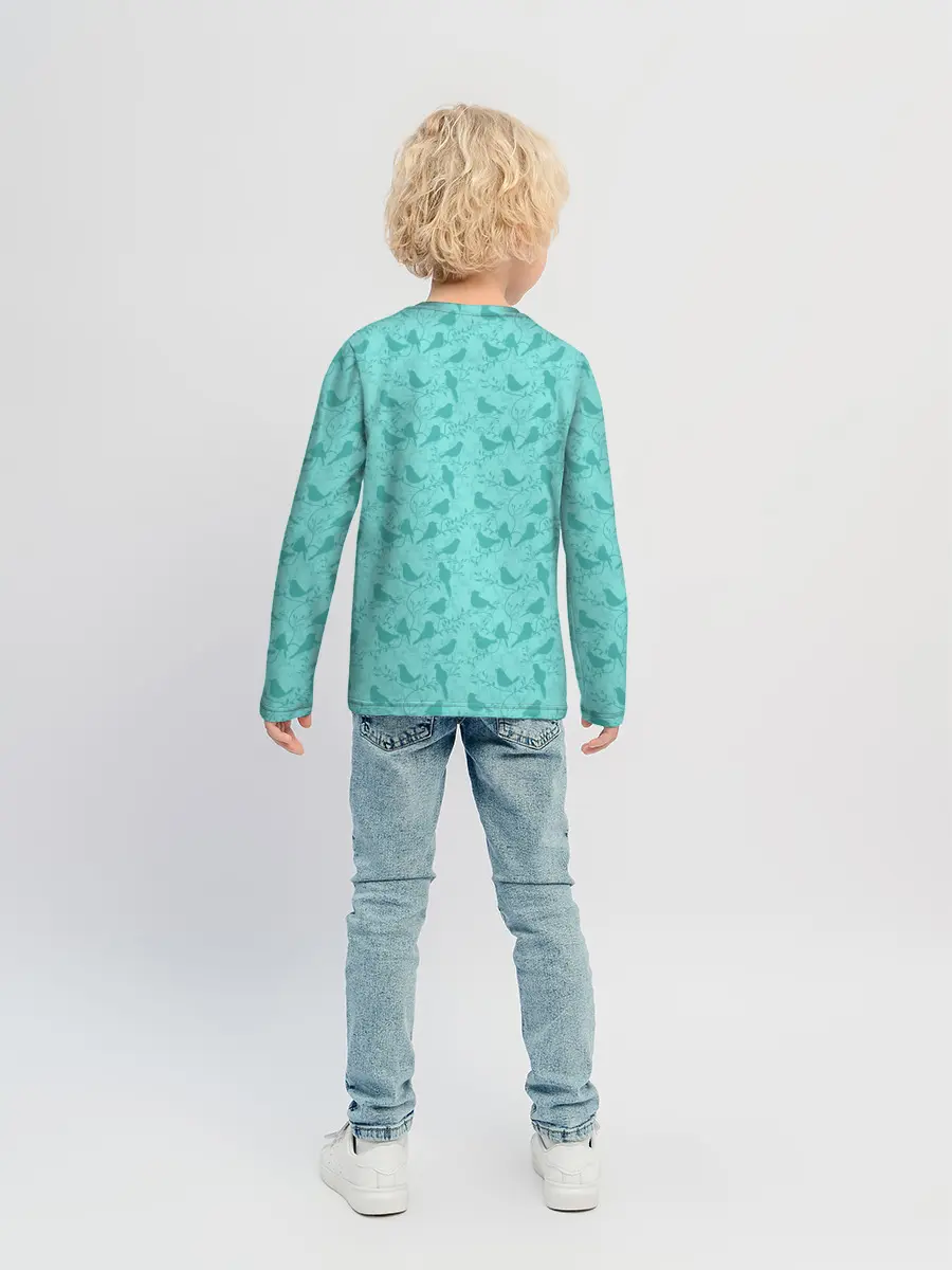 Детский лонгслив / Зеленые птицы летний узор