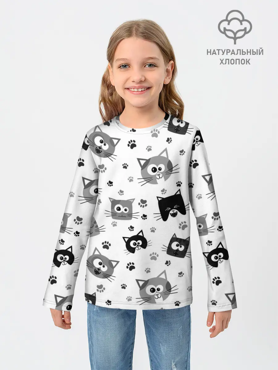 Детский лонгслив / Котики | ЧБ