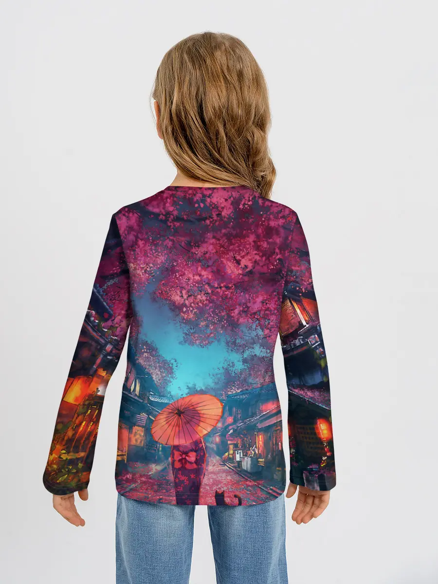 Детский лонгслив / Фестиваль сакуры кот и гейша