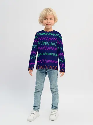 Детский лонгслив / Линии разными ручками на синем