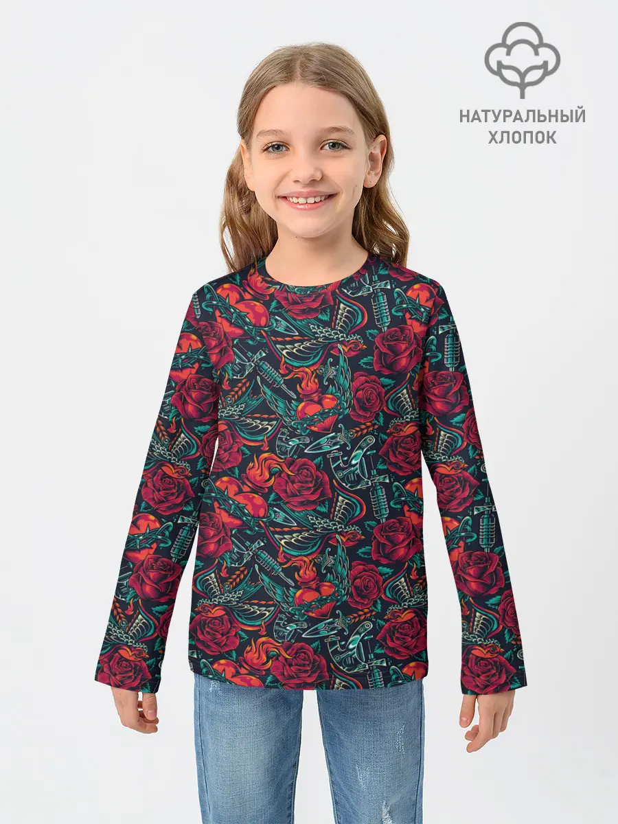 Детский лонгслив / Тату узор розы и машинки