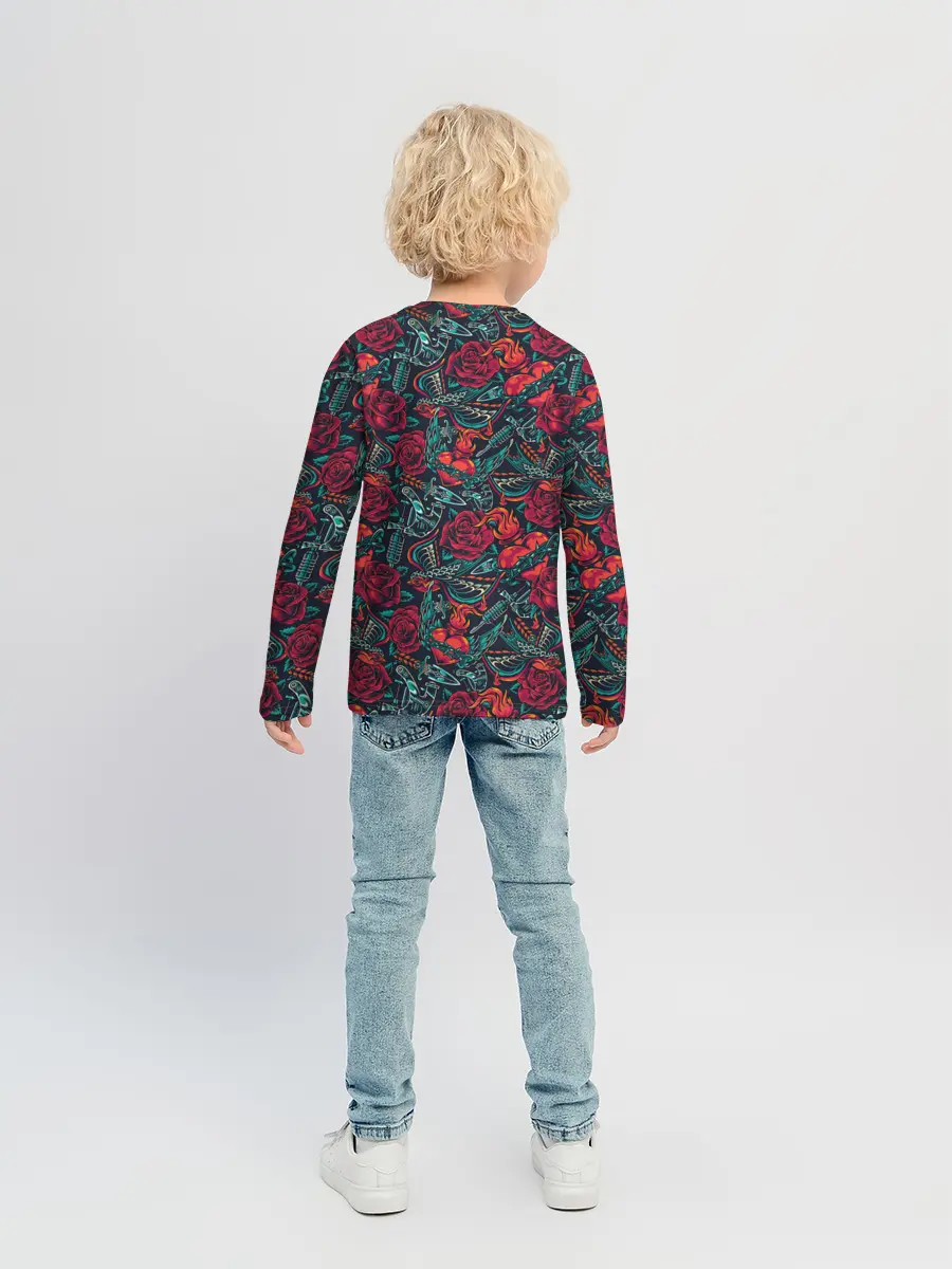 Детский лонгслив / Тату узор розы и машинки