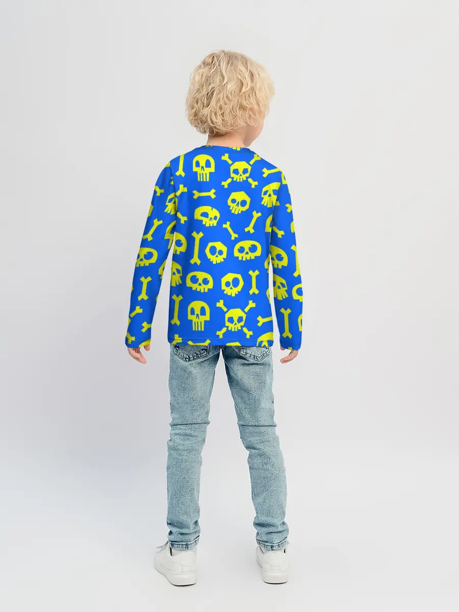 Детский лонгслив / Веселый Монки. Синий фон череп и кости