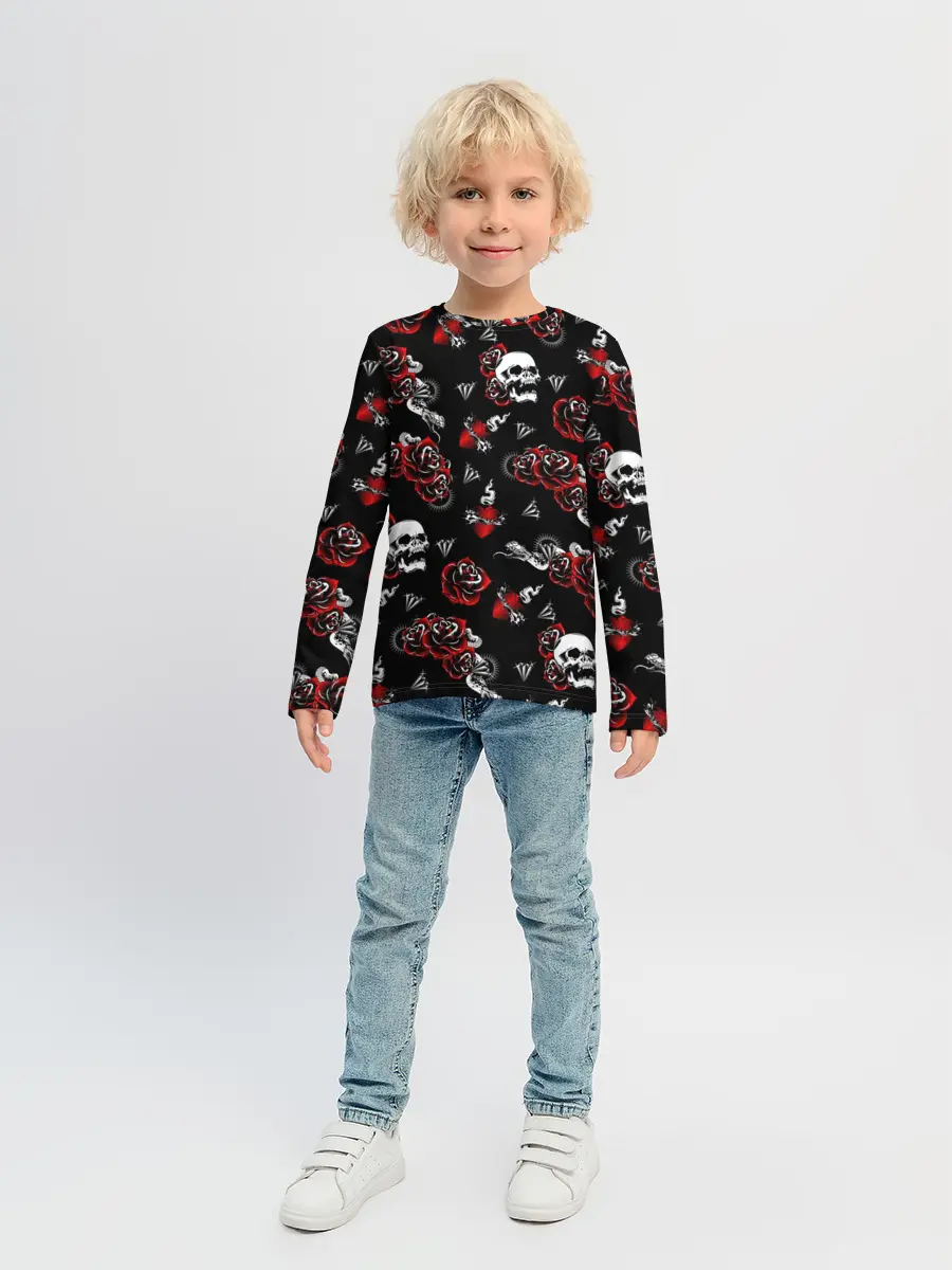 Детский лонгслив / Черепа и розы