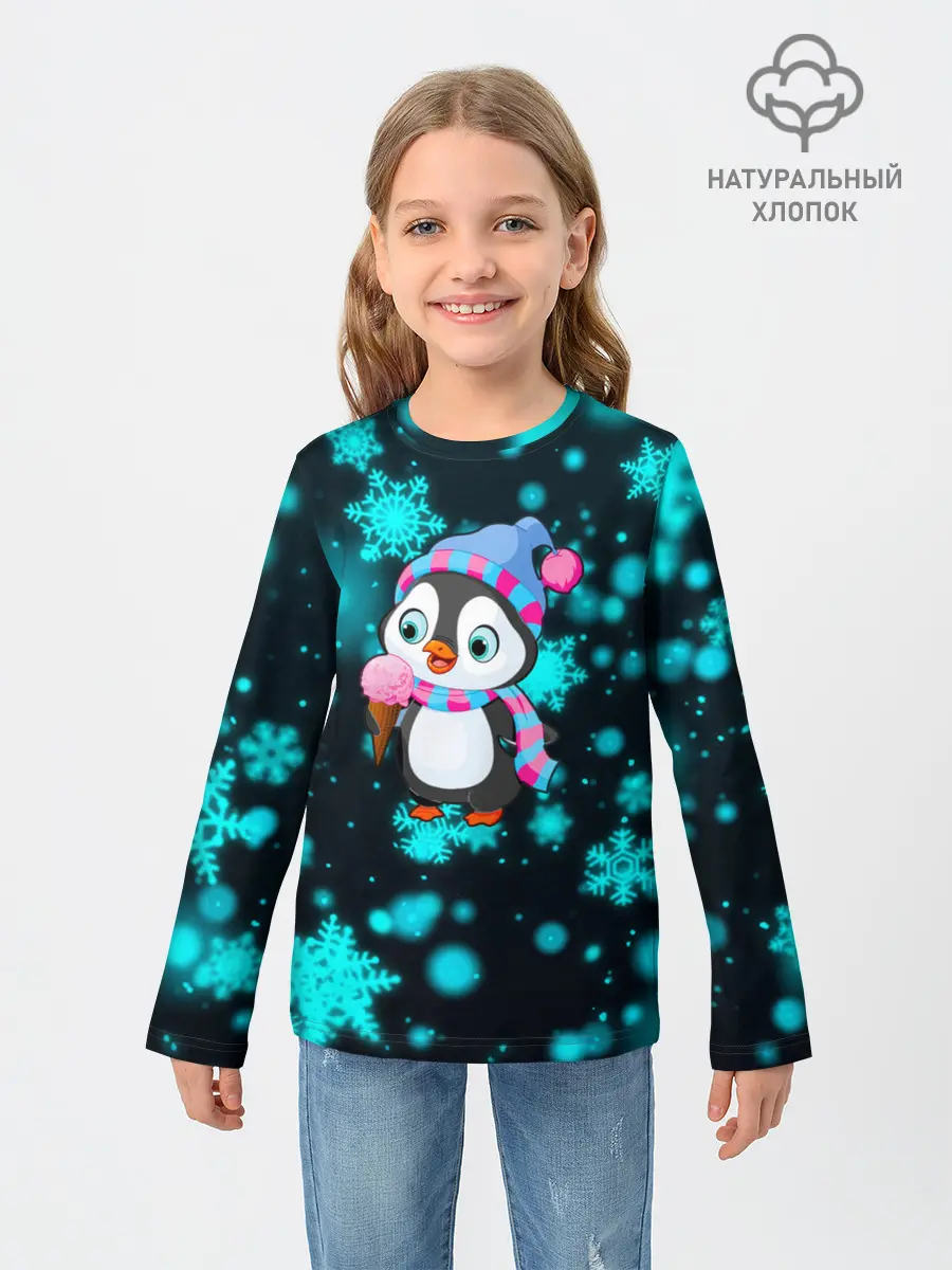 Детский лонгслив / Новогодний пингвин