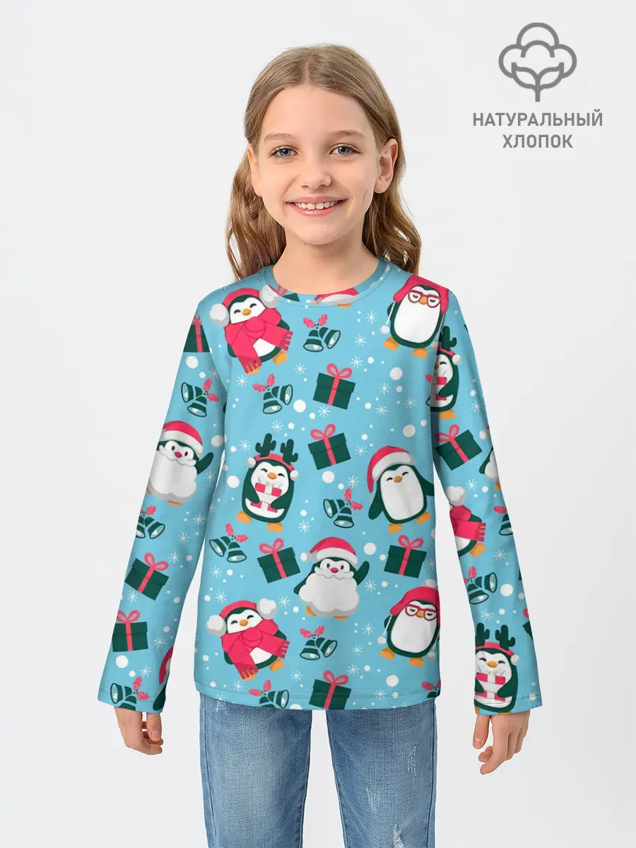Детский лонгслив / Новогодние Пингвины