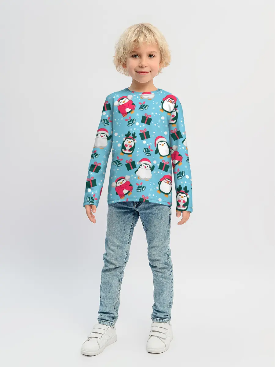 Детский лонгслив / Новогодние Пингвины