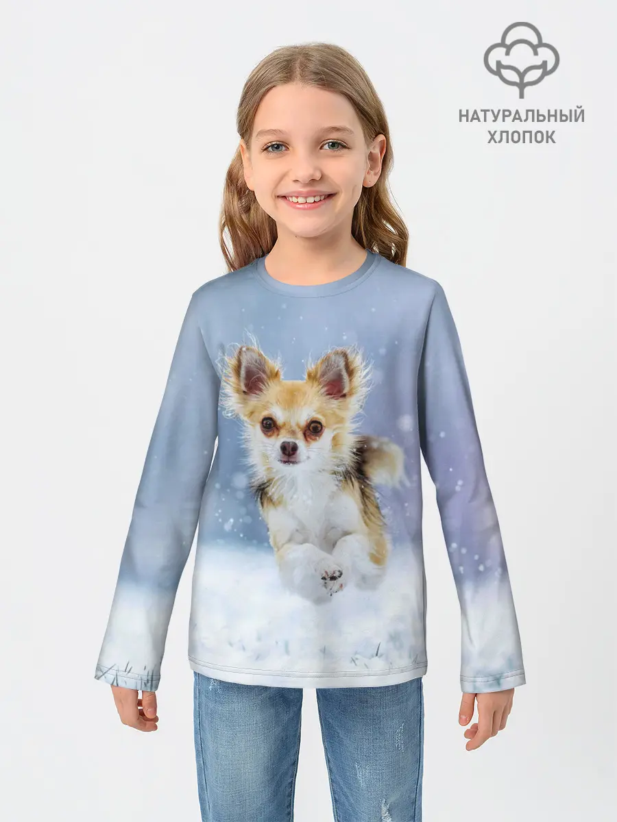 Детский лонгслив / Чихуахуа в снегу