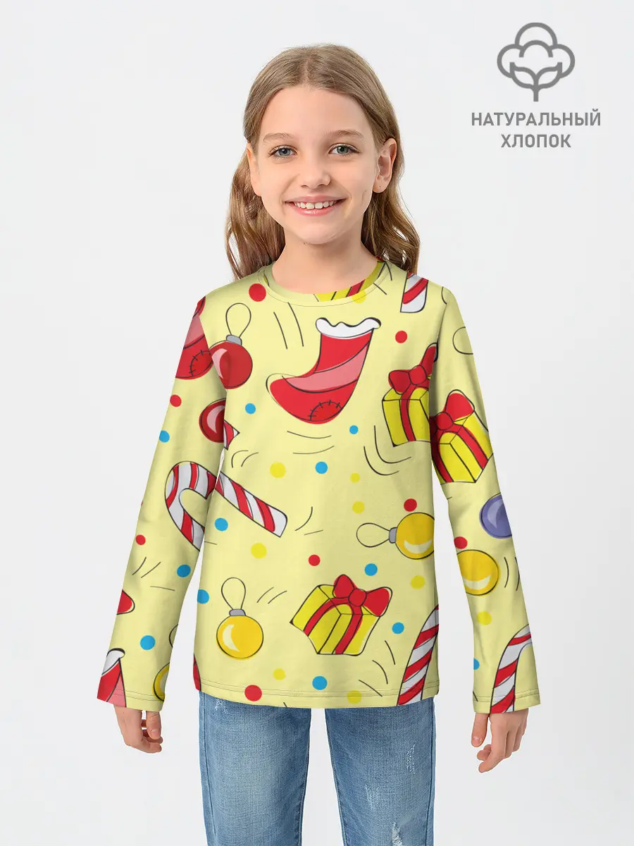 Детский лонгслив / Новогодний узор на желтом фоне