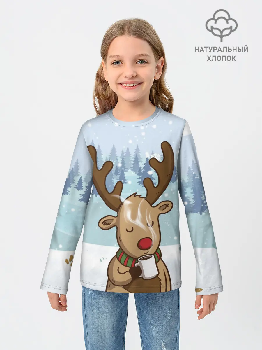Детский лонгслив / Олень с кружкой