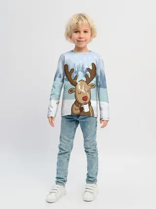 Детский лонгслив / Олень с кружкой