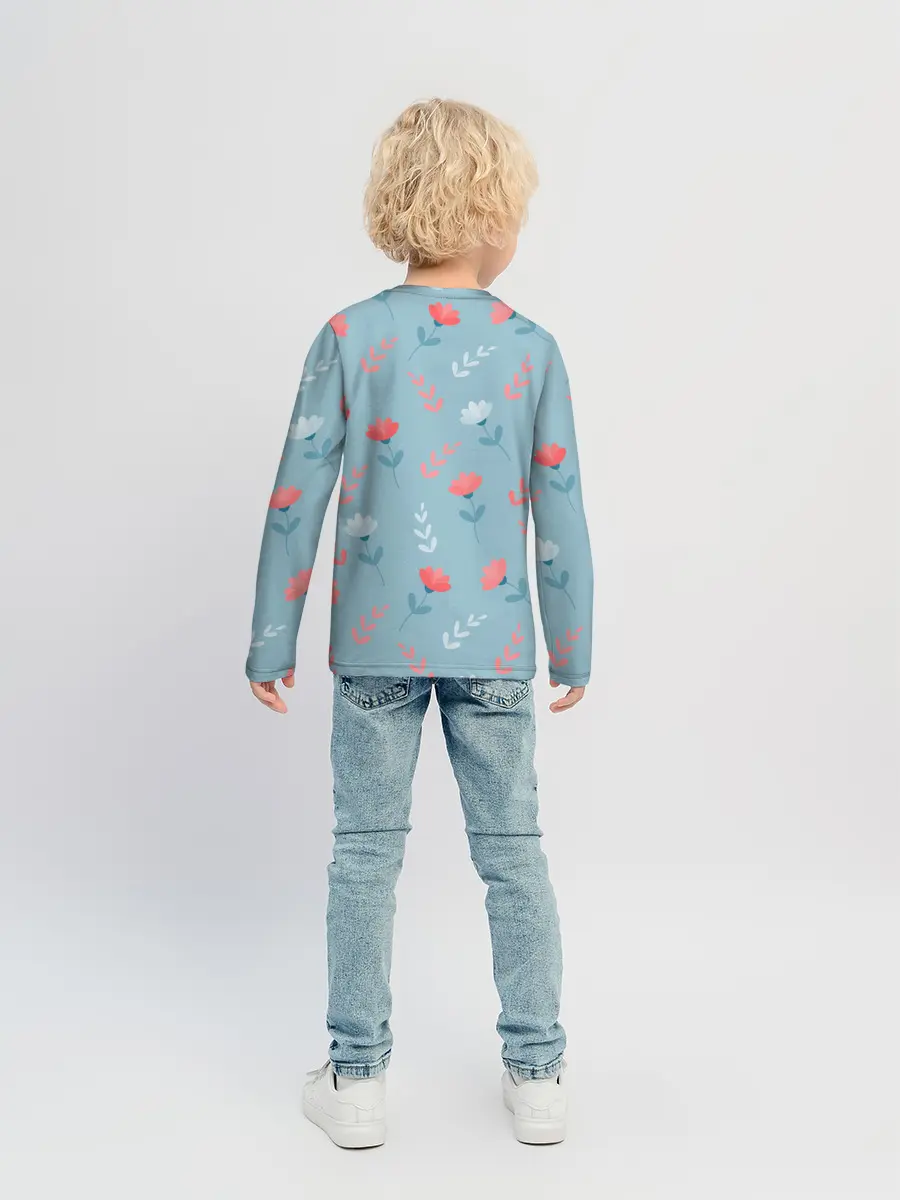 Детский лонгслив / Цветочки и листики на голубом