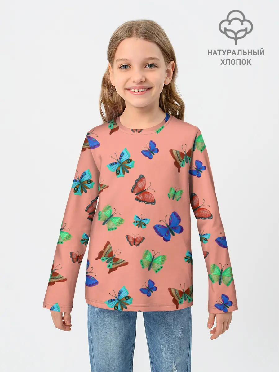 Детский лонгслив / Бабочки на персиковом фоне
